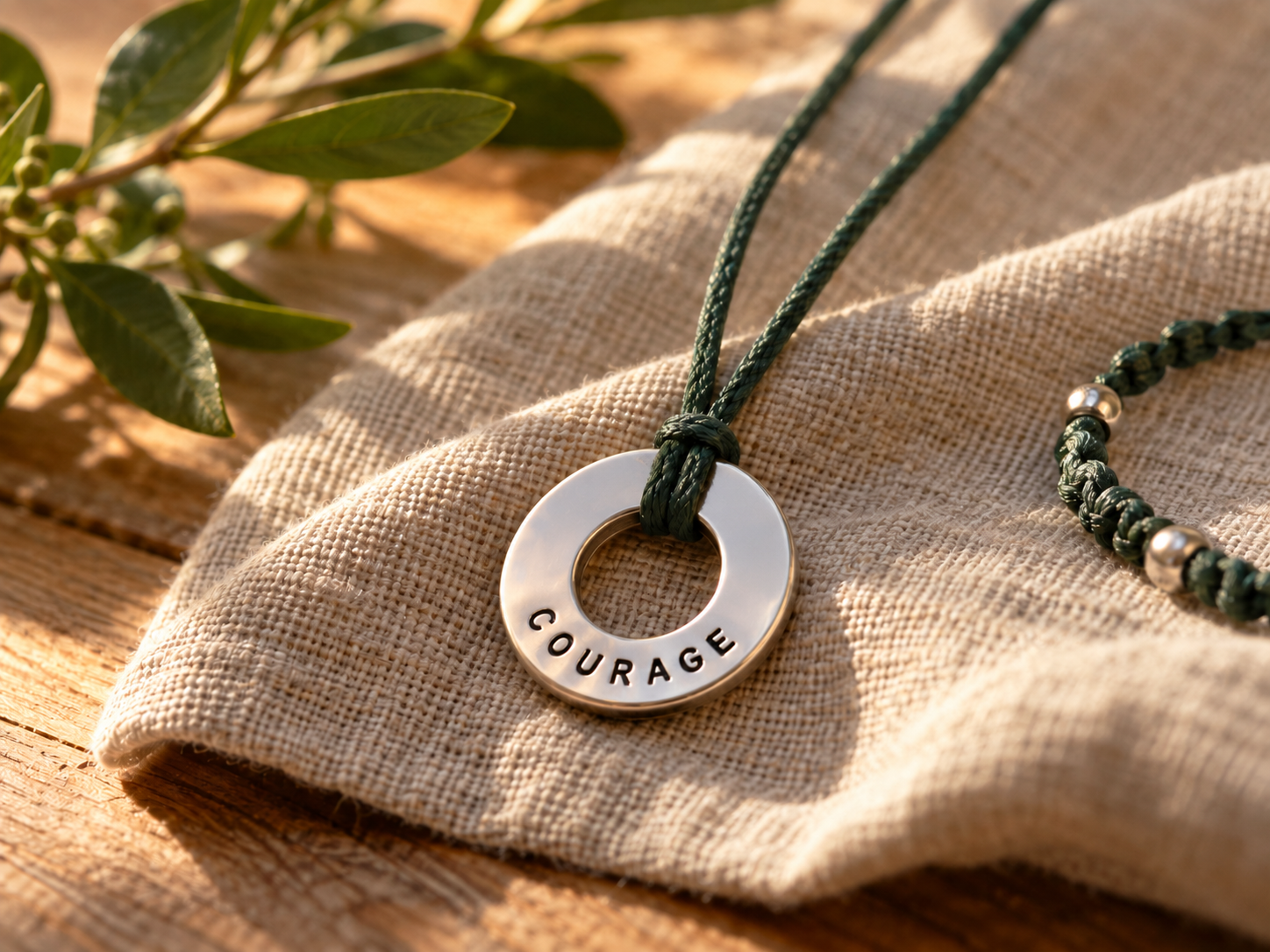 A silver intention token on a green cord, resting on natural linen